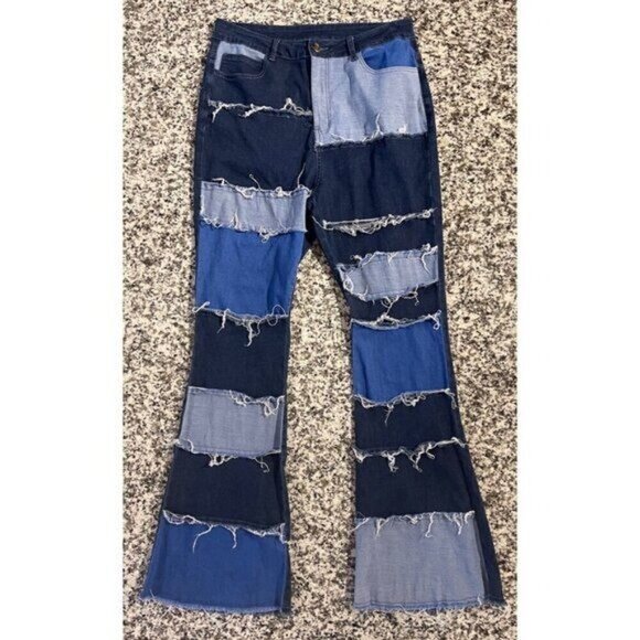 Women’s Blue Patchwork Flare Jeans XXL Multi-Color Denim High Waist Frayed Hem - Picture 1 of 7